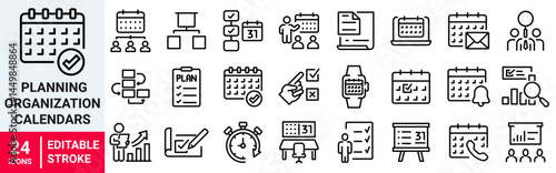 Planning and Organization calendars web icon collection set. Containing implementation, planner, memo, stopwatch, project, process, iteration icon. Simple flat vector.