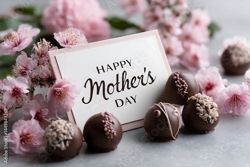 A heartwarming close-up of chocolate truffles surrounded by fresh spring flowers, framed by a delicate "Happy Mothera??s Day" card, creating a soft and loving ambiance for a special celebration.