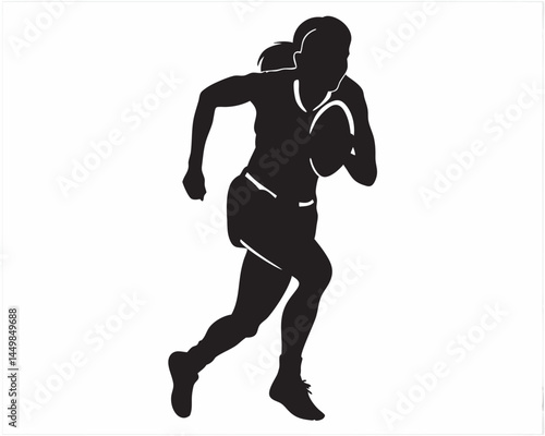 Powerful female rugby player running with ball dynamic silhouette graphic strong athletic pose black and white design
