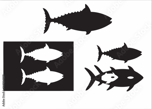 Bold Tuna Silhouettes A graphic design of tuna fish showcasing various sizes and negative space in black and white