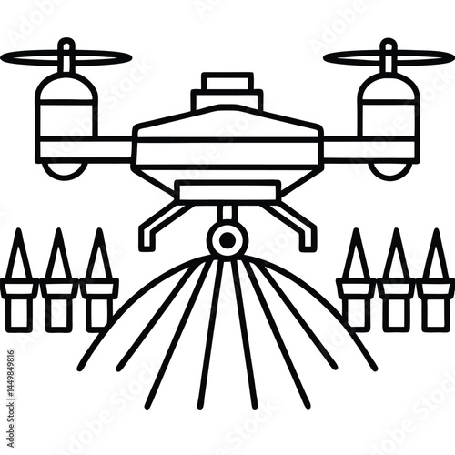 Drone Vector Silhouette illustration Agricultural drone with line-drawn tanks