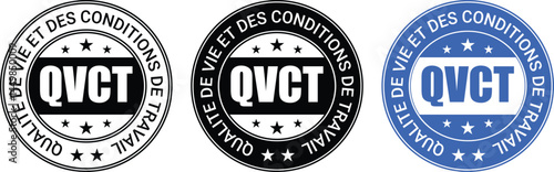 round qvct badge labels in black, white, and blue with french text, stars, and circular stamp design for official or quality marking use	