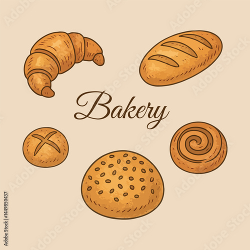 Bakery products vector collection. Hand-drawn illustration of breads and buns. 