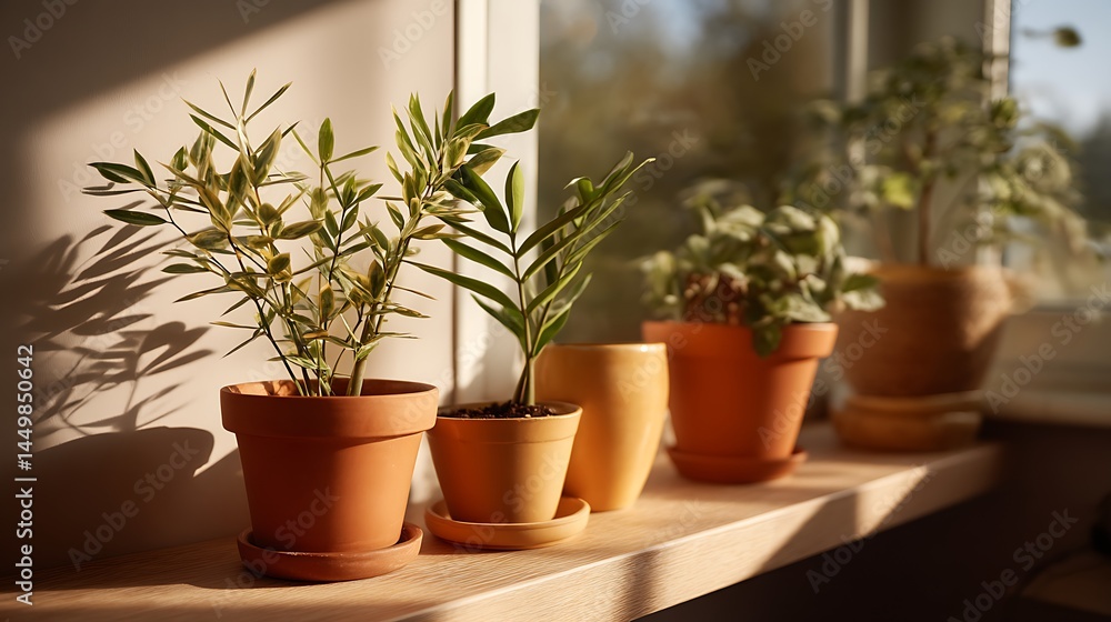 Fototapeta premium Bright and Lively Indoor Plants on a Sunlit Windowsill in a Cozy Living Space