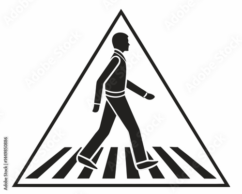 Pedestrian crossing safety symbol Man walking across zebra stripes in a triangular warning sign black and white design