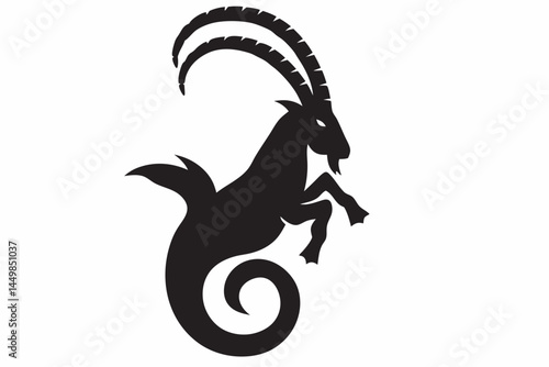 Powerful Capricorn zodiac sign a majestic black silhouette of a sea goat with elegant curved horns against a white