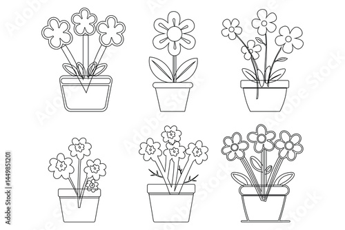 Six cute flowerpots hold cartoonish flower blossoms in this playful black and white page