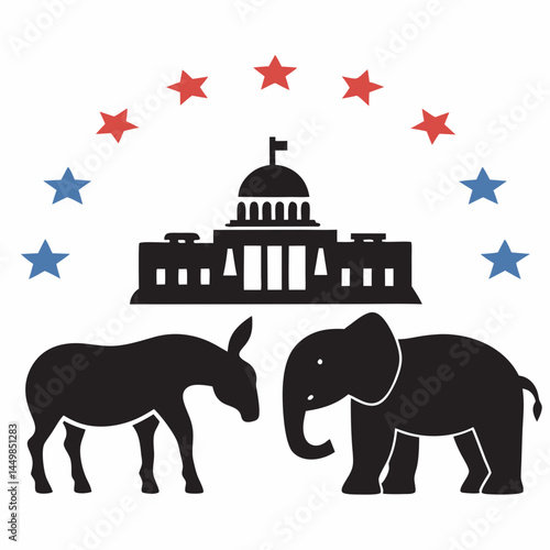 US Politics Donkey and Elephant facing the Capitol building under a patriotic star spangled banner a symbolic