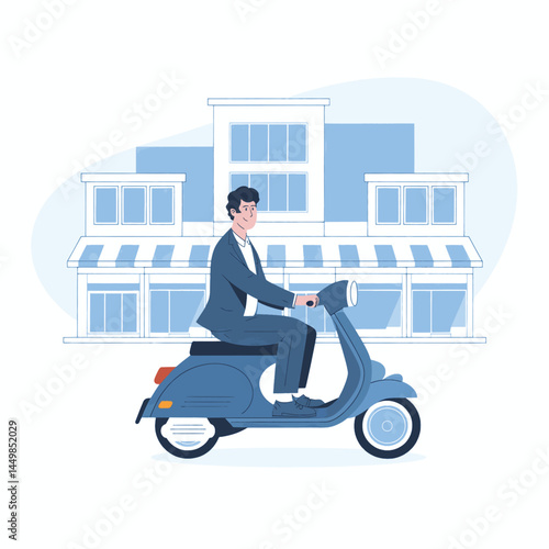 Businessman going to work by scooter motorcycle design illustration on city background