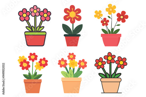 Six potted flower arrangements show unique colorful blossoms and leaves on a white background