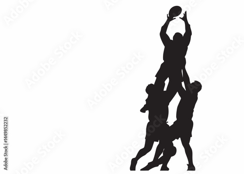 Dramatic rugby lineout players forming a human tower reaching for the ball in intense black silhouettes against a stark