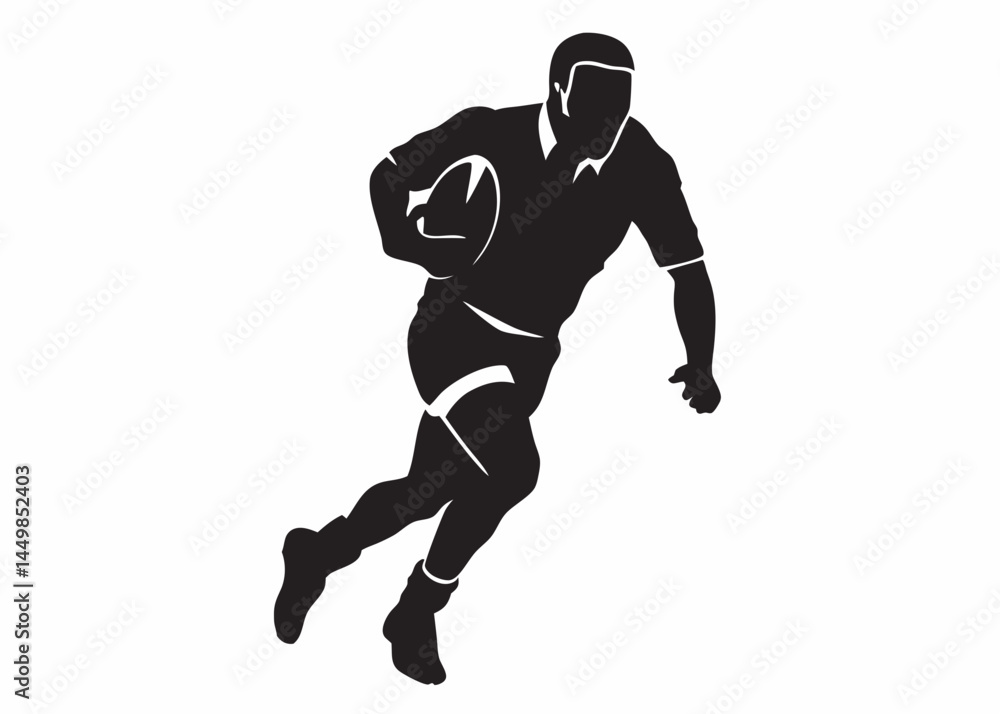 Naklejka premium Powerful rugby player silhouette running with the ball dynamic action pose bold black design isolated on white