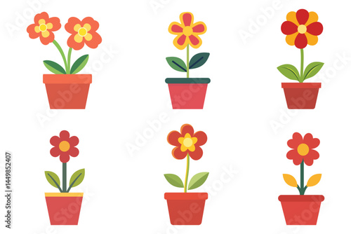 Six potted flowers with various petal designs and colors shine brightly on a white background