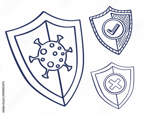 Hand drawn shields depicting virus protection immunity success and failure simple line art style