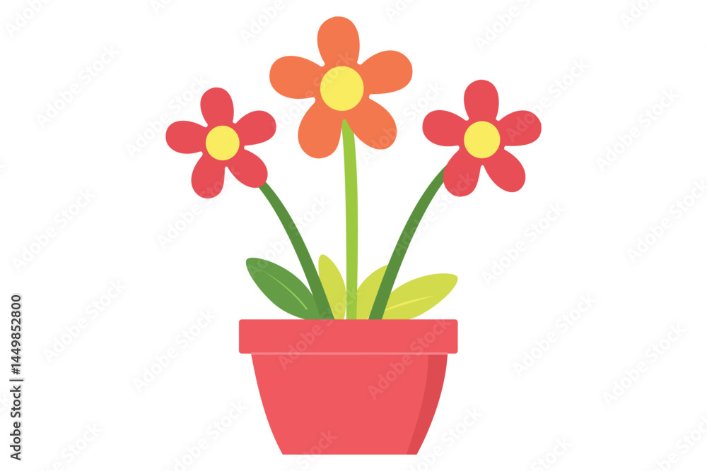 Three cartoonstyle flowers bloom in a cute orange pot with transparent background Three cartoonstyle flowers bloom in a cute orange pot with transparent background