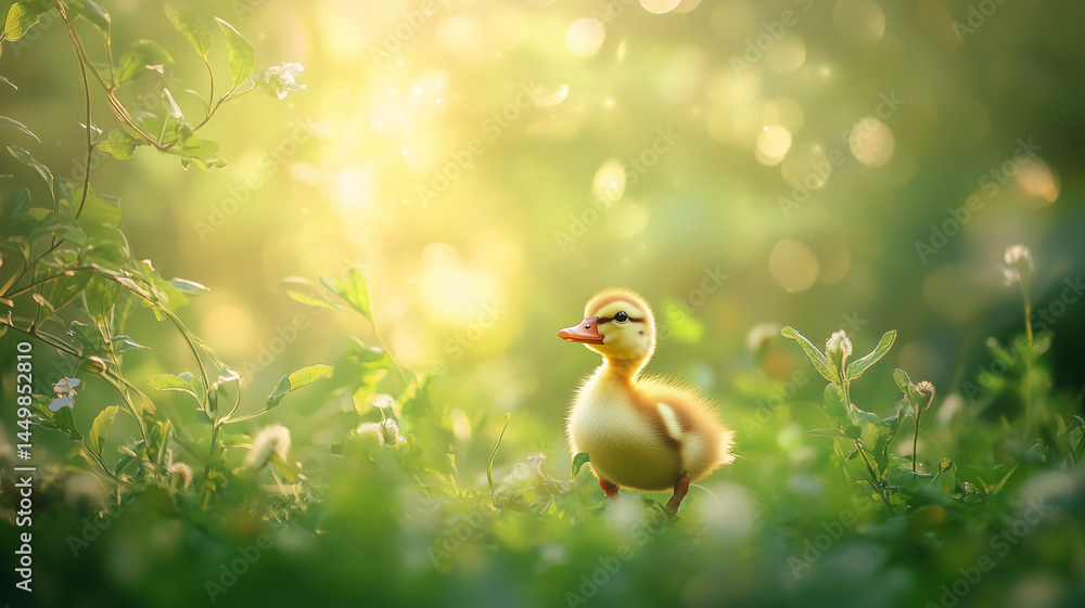 A cute baby duckling standing in a lush green meadow with soft sunlight creating a dreamy glow in the background A cute baby duckling standing in a lush green meadow with soft sunlight creating a dreamy glow in the background