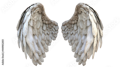Beautiful white angel wings on white background detailed feather texture