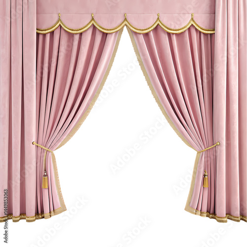 Elegant Pink Velvet Curtains with Gold Trim isolated on transparent background