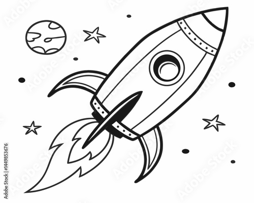 A rocket ship blasts off into space soaring past a planet and stars simple line art black and white illustration