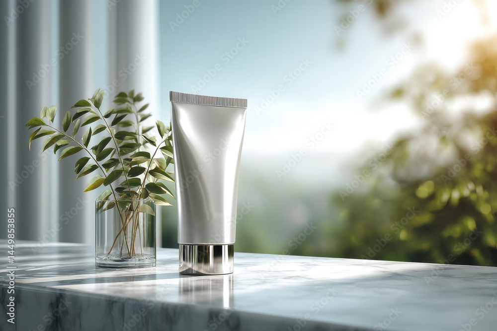 Fototapeta Elegant cosmetic tube on marble table with nature view, promoting skincare and beauty, enhancing well-being and a connection to nature in a bright and airy setting.