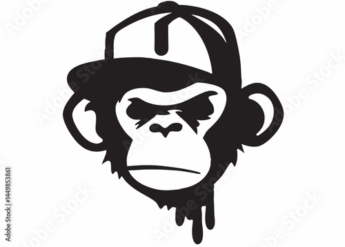 Cool chimp in a baseball cap edgy street style graphic bold black and white illustration drip effect vector art