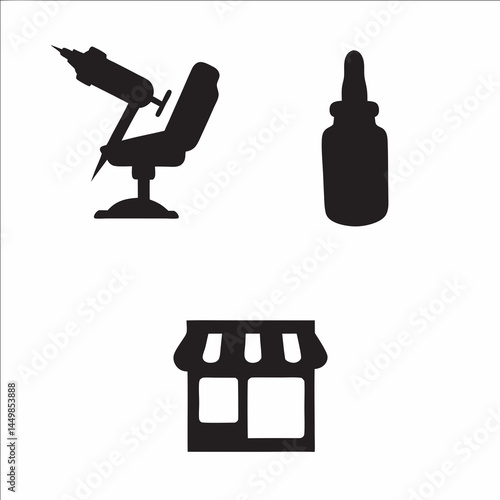 Tattoo shop icons machine ink bottle storefront simple black silhouettes professional design elements for tattoo studio