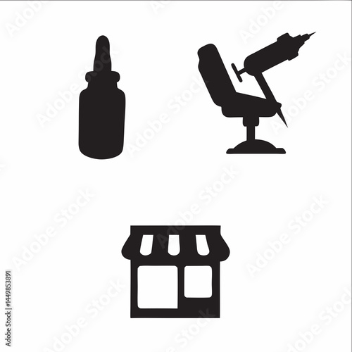 Tattoo shop essentials ink bottle tattoo machine client chair in simple black icons against a white background