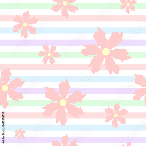 Seamless floral pattern with soft pink abstract flowers and pastel horizontal stripes. Ideal for kids' products, textiles, gift wrap, and spring-themed designs.