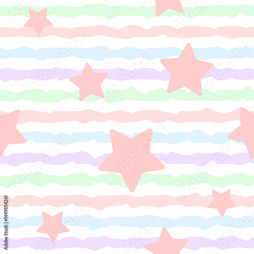 Seamless pattern with soft pink stars on pastel horizontal stripes. Great for kids' products, party themes, gift wrap, textiles, and dreamy or magical designs.