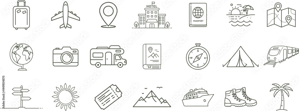 Fototapeta premium Collection of travel icons featuring luggage, airplane, hotel, passport, and other elements line art