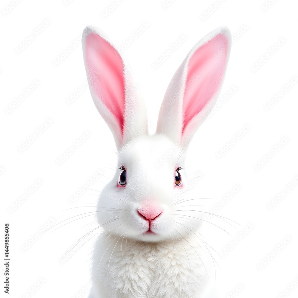 Close up portrait of a white rabbit with pink ears against a plain white background studio shot Close up portrait of a white rabbit with pink ears against a plain white background studio shot