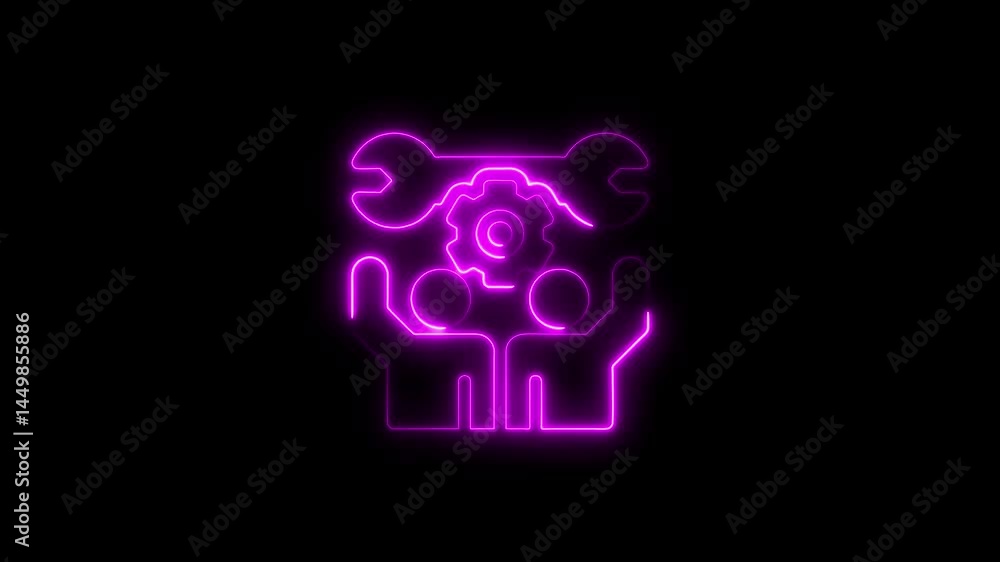 Neon animated teamwork symbol of gears, wrenches, and raising hands on black background Neon animated teamwork symbol of gears, wrenches, and raising hands on black background