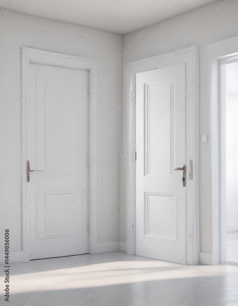 Clean white doors, open and closed, various states, bright room , frame, minimalist Clean white doors, open and closed, various states, bright room , frame, minimalist