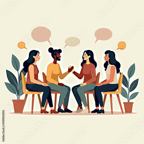 Diverse women in group therapy, talking, for mental wellness