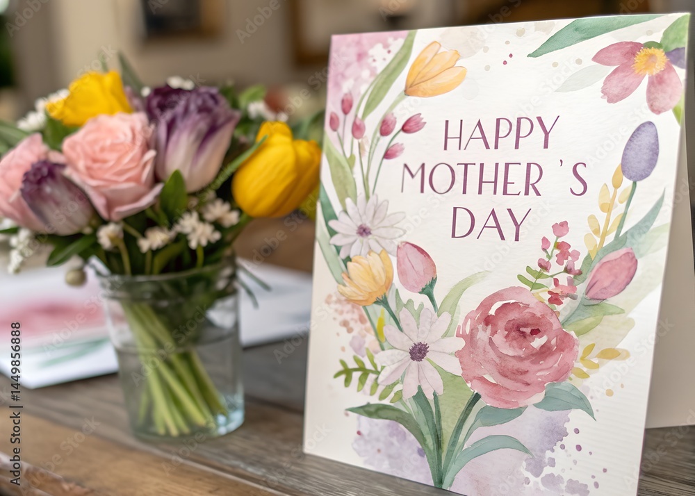 Obraz premium Happy Mother's Day Message on Blackboard with Spring Flowers. Floral Mother's Day Banner with Cursive Typography and Gift Elements.