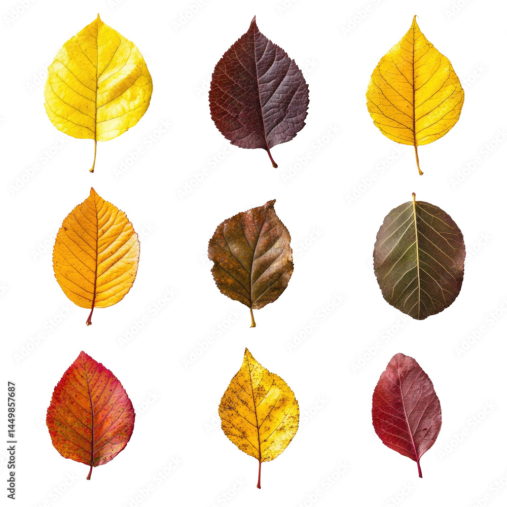 Obraz premium Nine autumn leaves in various shades of yellow, orange, red, and brown, displayed in a grid pattern against a black background.