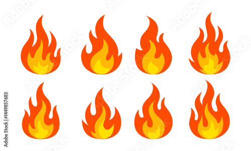 Set of Cartoon Fire Flames – Hot Icon Collection in Flat Style Vector Graphics