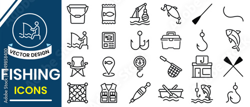 Fishing icon set. Fishing instrument line icon set. Linear editable fishing icon collection, fisherman, sea, pond, catch, hook, underwater creature, perch, silhouette.  Vector illustration