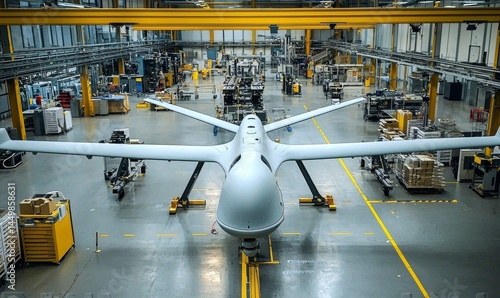 Workers constructing a drone in an industrial setting.