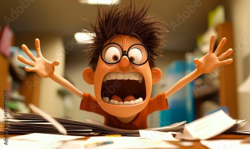 Cartoon man in a panic, encircled by scattered documents.