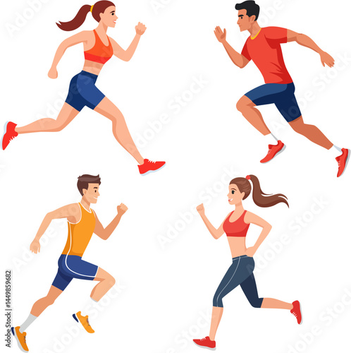 Conjunto de atletas corredores jóvenes con fondo transparente 01