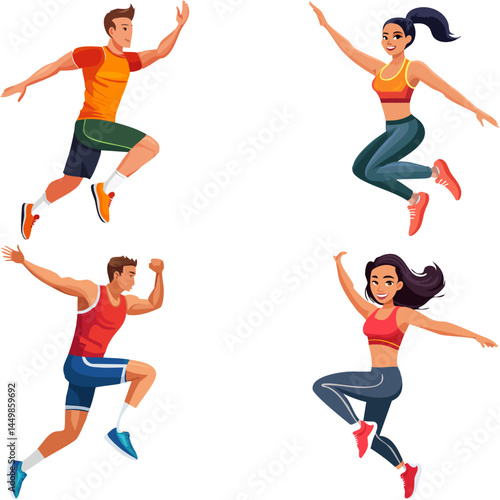Conjunto de atletas y deportistas jóvenes realizando ejercicios de salto, con fondo transparente 01