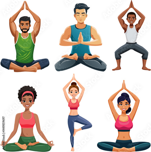Conjunto de atletas y deportistas jóvenes realizando ejercicios de yoga, con fondo transparente 01