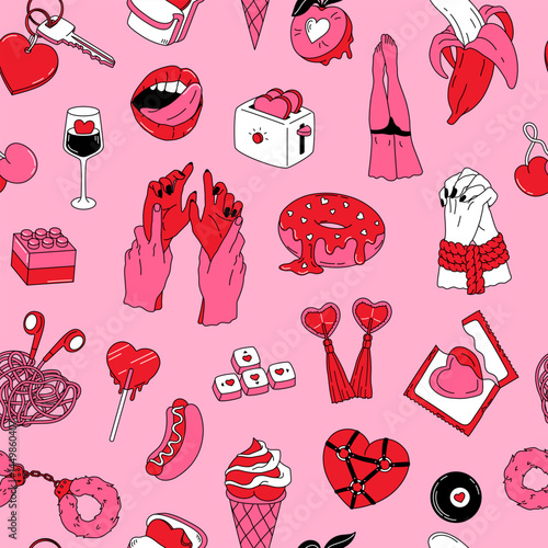 Hand drawn seamless pattern with romantic elements. Vintage background for Valentines Day and Love. Concept of passion, desire, intimate moment. Minimal design for print, wrapping paper, fabric