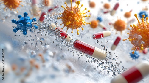 3d render of diverse antibiotic molecule capsule targeting various microbe chemical structure subtly visible bacterial cell wall background being broken or inhibited clinical clean design isolated