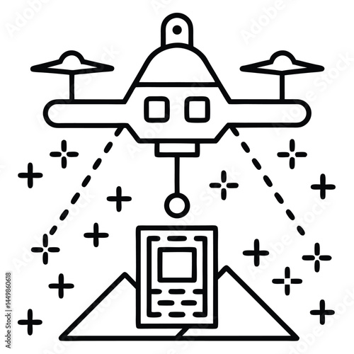 Drone Vector Silhouette illustration Drone scanning QR code from sky in line art