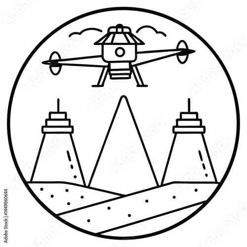 Drone Vector Silhouette illustration Drone scanning archaeological site
