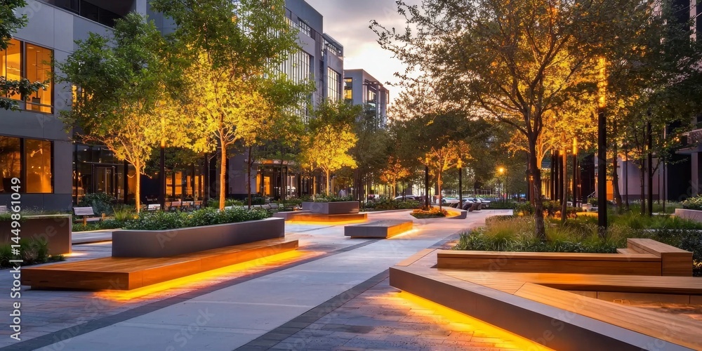Urban environment blends seating and nature, enhancing community interaction. Urban environment blends seating and nature, enhancing community interaction.