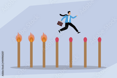 Flat Vector Businessman Jumping Over Burning Matches
