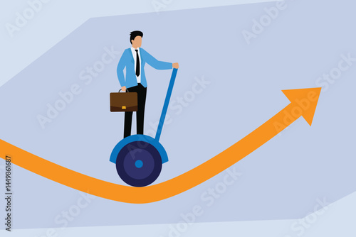 Flat Vector Businessman Riding Segway on Upward Trend